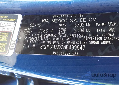 2022 Kia Forte Lxs из США, поврежденный, VIN 3KPF24AD2NE499847